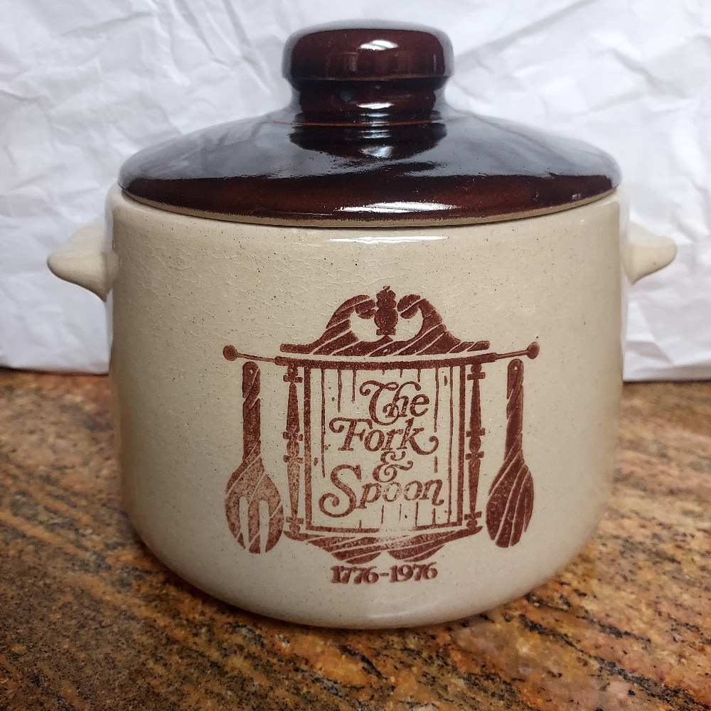 West Bend Colonial Stoneware Fork & Spoon Crock With Lid.